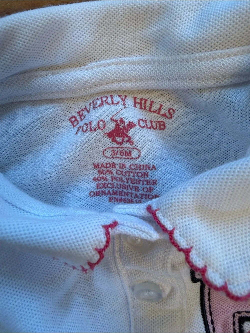 Beverly Hills Polo Club White Baby Onesie with Pink & Black Accents